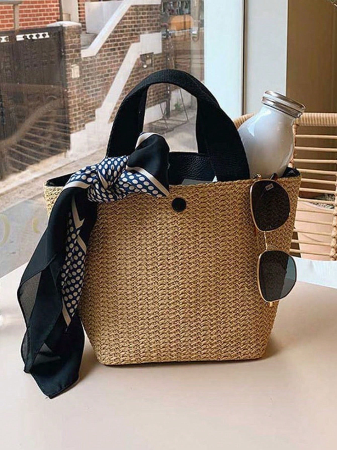 Small White Two Tone Double Handle Straw Bag Vacation