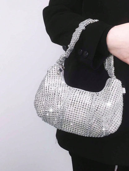 Barabum Rhinestone Decor Hobo Bag With Zipper PU Glamorous For Party