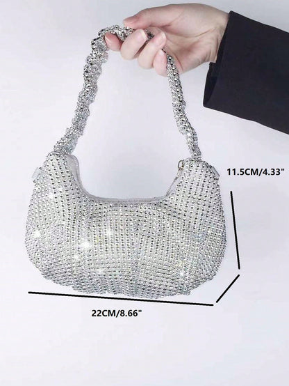 Barabum Rhinestone Decor Hobo Bag With Zipper PU Glamorous For Party