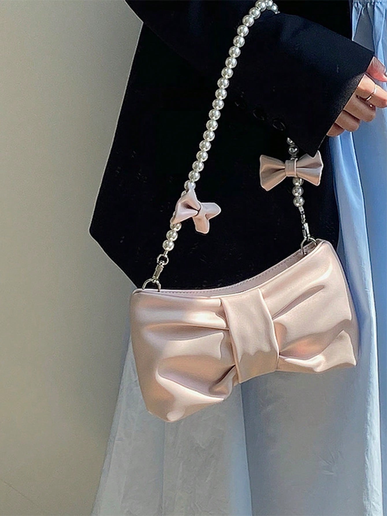 Barabum Faux Pearl Beaded Ruched Bag Bow Decor Pink Handbag Crossbody