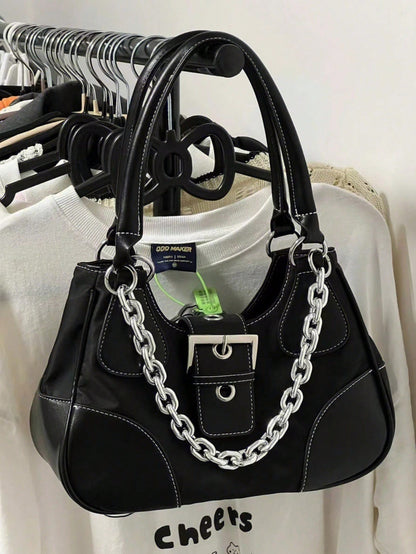Crescent Shoulder Bag With Metallic Chain Decoration