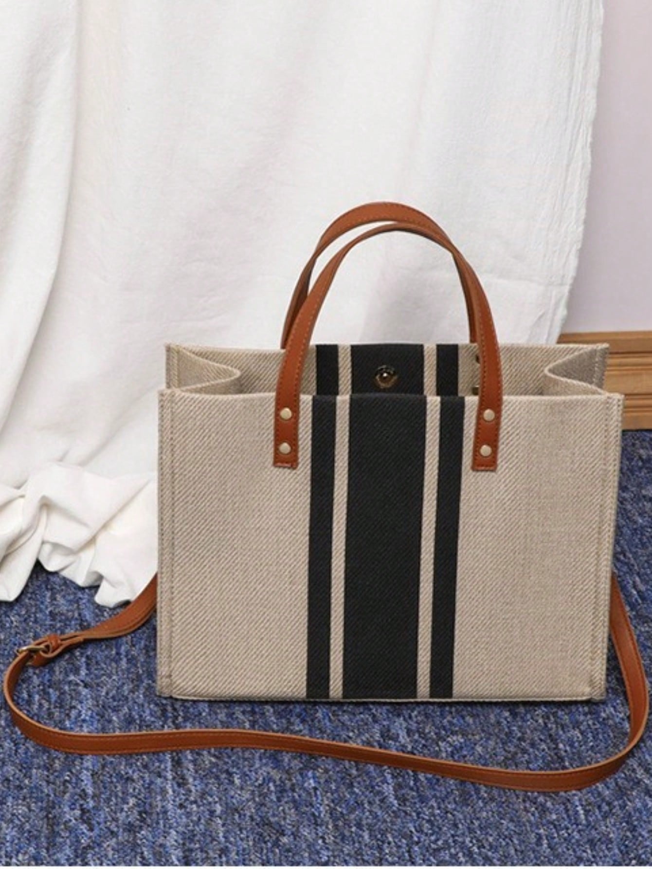 Barabum Medium Square Bag Stripe Pattern Double Handle Canvas Bag