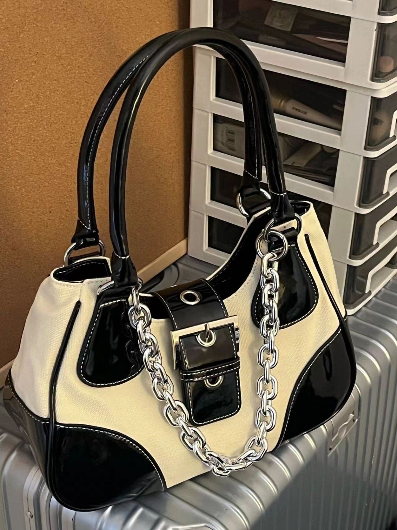 Crescent Shoulder Bag With Metallic Chain Decoration