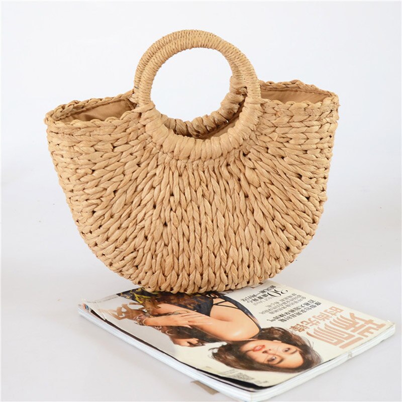 Neue Handgemachte Halbkreis Frauen Handtasche Sommer Gewebt Strand Tasche Weibliche Böhmen Stroh Tasche Mode Gestrickte Runde Griff Urlaub Tote 