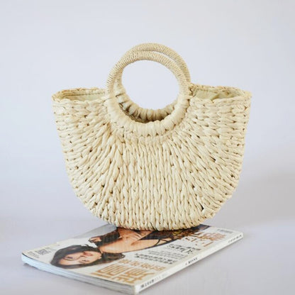 Neue Handgemachte Halbkreis Frauen Handtasche Sommer Gewebt Strand Tasche Weibliche Böhmen Stroh Tasche Mode Gestrickte Runde Griff Urlaub Tote 